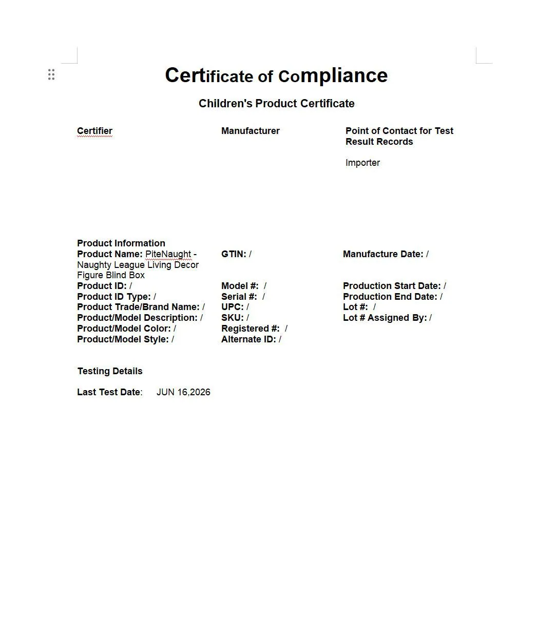 UPSET DUCK Children's Product Certificate
